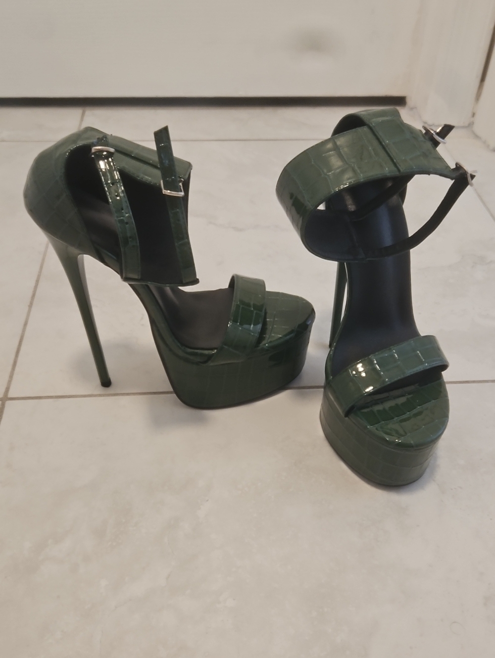 Green Croc-Embossed Platform Ankle-Strap Heels - Picture 1 of 5